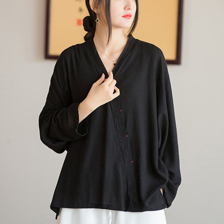 Buddha Stones V-Neck Blouse Women Shirt Long Sleeve Top Chinese Hanfu Style Clothing