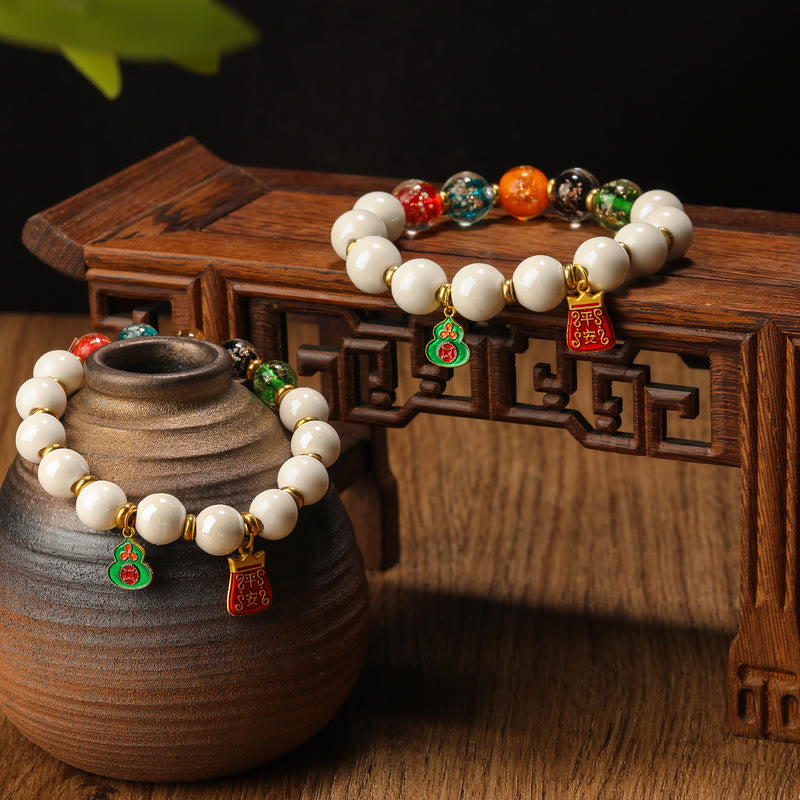 Buddha Stones Tibetan Incense Ash Porcelain Luminous Fluorescent Liuli Glass Bead Gourd Copper Coin Charm Peace Bracelet - image 0