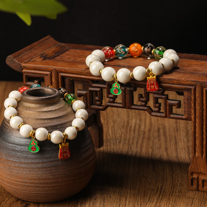 Buddha Stones Tibetan Incense Ash Porcelain Luminous Fluorescent Liuli Glass Bead Gourd Copper Coin Charm Peace Bracelet - image 0