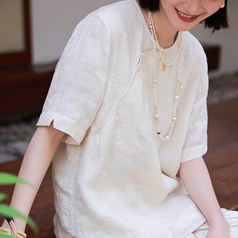 Buddha Stones Ramie Linen Loose Blouse Short Sleeve Shirt Chinese Style Top