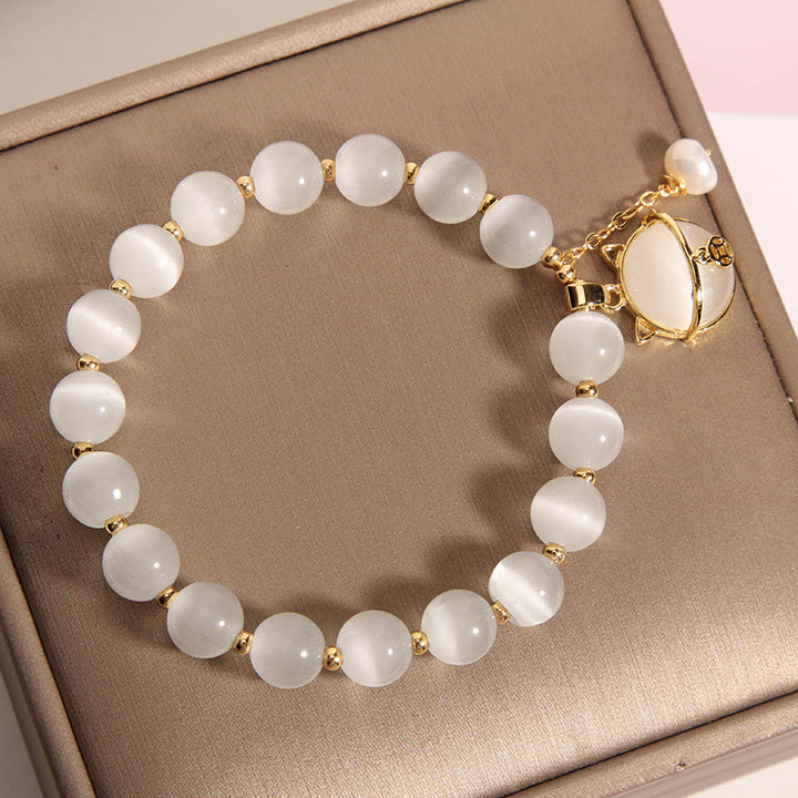 Buddha Stones Cat's Eye Lovely Cat Pattern Pearl Love Charm Bracelet - image 5