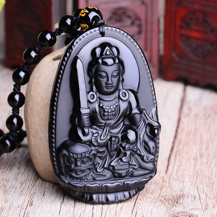 Buddha Stones Chinese Zodiac Obsidian Buddha Amulet Protection Pendant Necklace - image 3