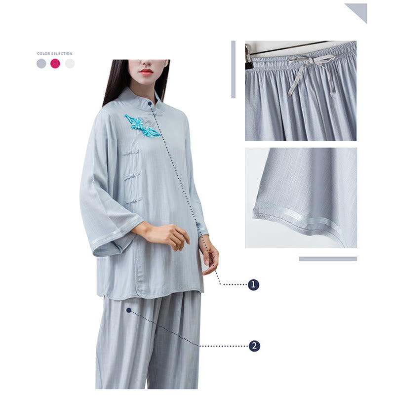 Buddha Stones 2Pcs Tang Suit Frog-Button Shirt Top Pants Meditation Tai Chi Cotton Linen Women's Set