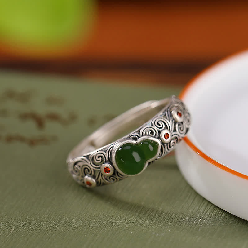 925 Sterling Silver Red Agate Cyan Jade Gourd Blessing Auspicious Ring - image 10