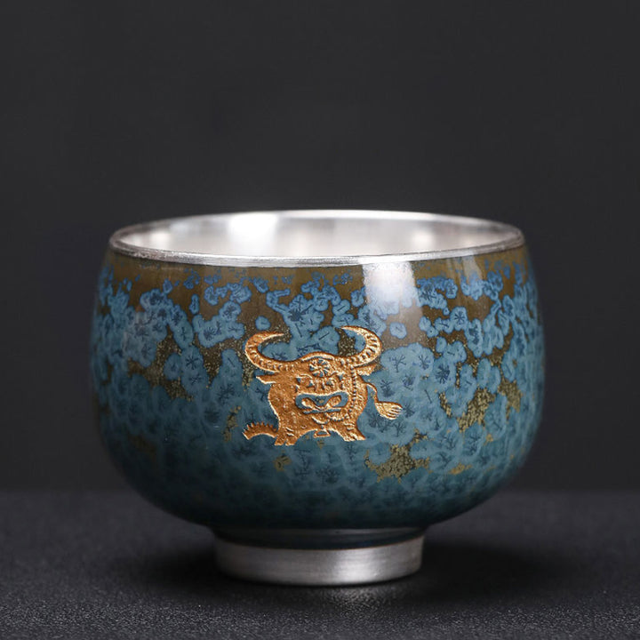 Buddha Stones 999 Gilt Silver Gilt Chinese Zodiac Ceramic Teacup Kung Fu Tea Cup 160ml