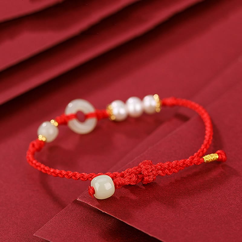 Buddha Stones 925 Sterling Silver Plated Gold Hetian Jade Peace Buckle Pearl Luck Bracelet - image 3