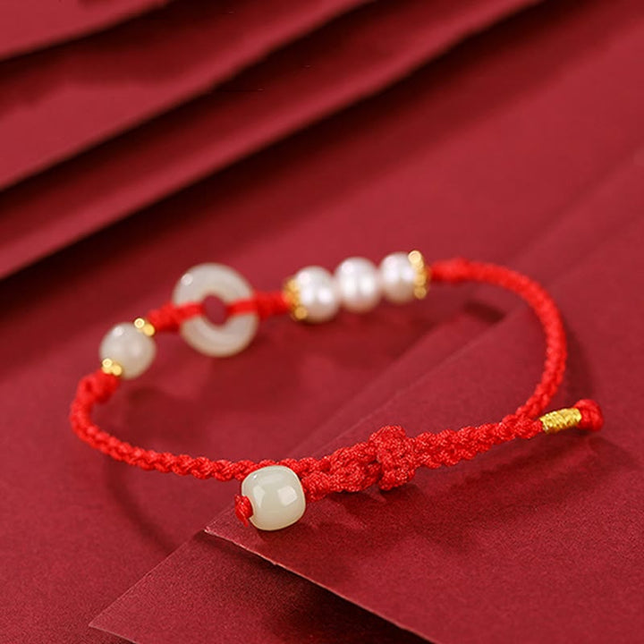 Buddha Stones 925 Sterling Silver Plated Gold Hetian Jade Peace Buckle Pearl Luck Bracelet - image 3