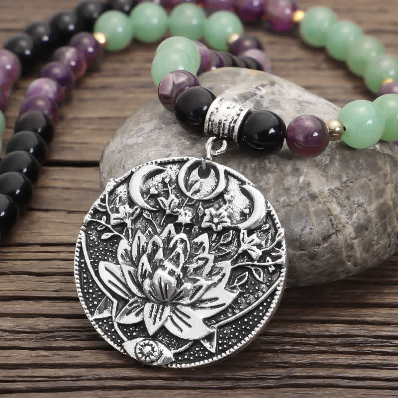 Buddha Stones 108 Mala Beads Amethyst Green Aventurine Lotus Meditation Bracelet - image 8