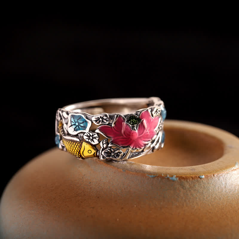 925 Sterling Silver Lotus Koi Fish Enlightenment Ring - image 1