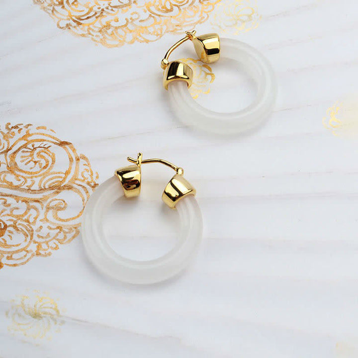 Buddha Stones Round Jade White Jade Prosperity Earrings - White Jade Approx. 21mm - image 9
