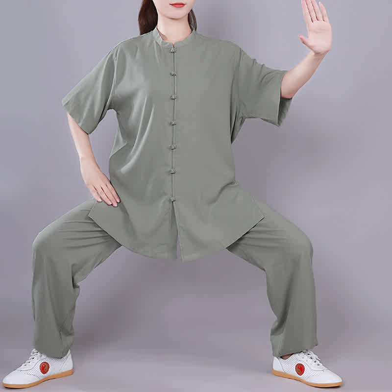 Tai Chi Qigong Meditation Prayer Spiritual Zen Practice Unisex Cotton Linen Clothing Set - Green - Short Sleeve - US14，UK/AU18，EU46 (3XL)  - image 17