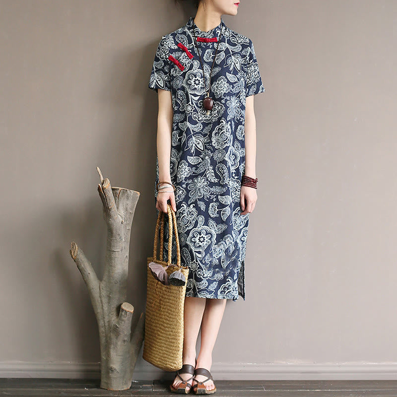 Buddha Stones Blue White Flower Frog-button Cheongsam Dresses Short Sleeve Linen Dresses With Pockets