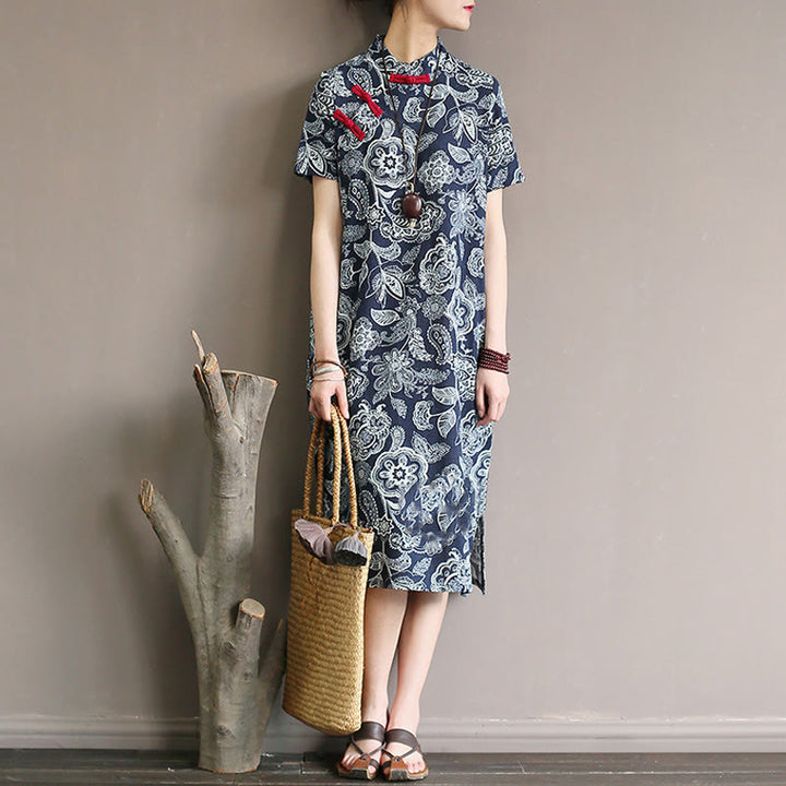 Buddha Stones Blue White Flower Frog-button Cheongsam Dresses Short Sleeve Linen Dresses With Pockets