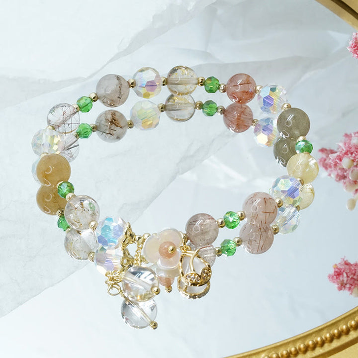 Buddha Stones Strawberry Quartz Rutilated Quartz Fluorite Flower Healing Bracelet