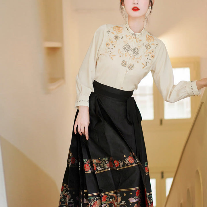 Buddha Stones Long Sleeve Shirt Embroidery Top Chinese Hanfu Phoenix Horse Face Skirt Mamianqun