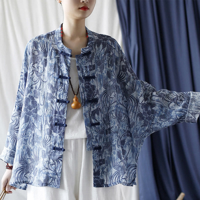 Buddha Stones Retro Blue White Flowers Frog-Button Design Long Sleeve Ramie Linen Jacket Shirt