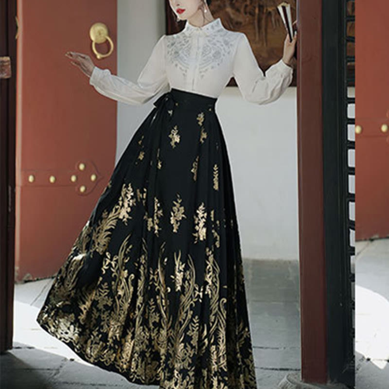 Buddha Stones Flowers Leaves Feathers Long Sleeve Shirt Top Chinese Hanfu Ming Dynasty Horse Face Skirt Mamianqun Skirt