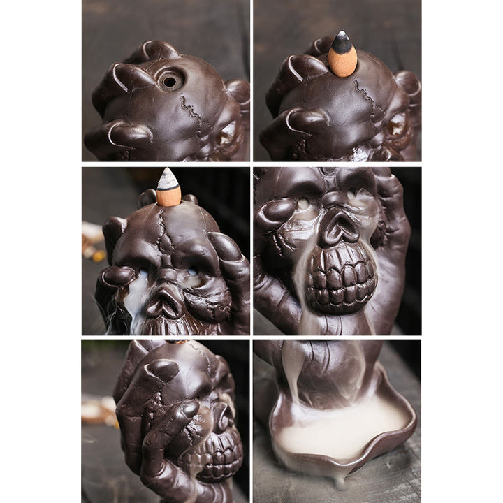 Buddha Stones Halloween Skull With Ghost Hand Purple Clay Spiritual Incense Burner Decoration - image 9