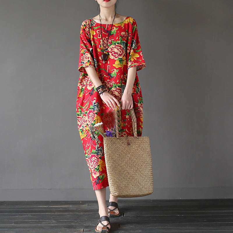 Buddha Stones Red Peony Flowers Printed Midi Dress Half Sleeve Cotton Linen Dress