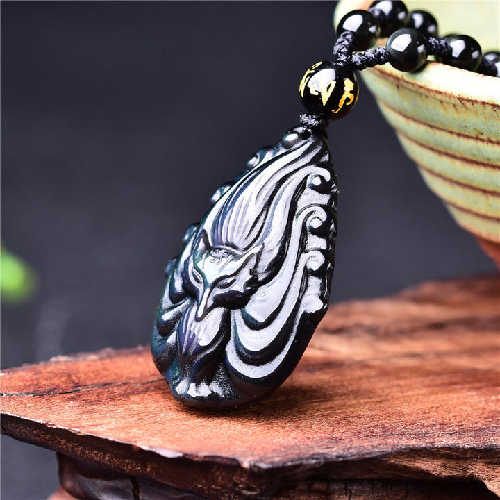 Natural Rainbow Obsidian Nine Tailed Fox Inner Peace Necklace Beaded String Pendant