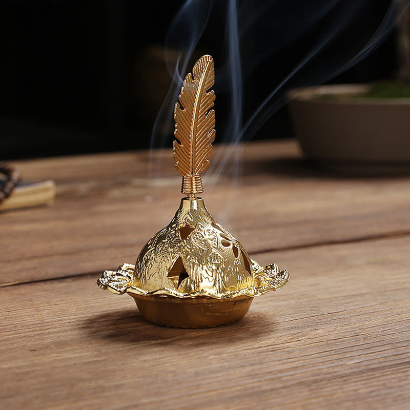Gold Gourd Star Feather Spiritual Meditation Mini Alloy Metal Incense Burner - Feather 7*9.7cm - image 9