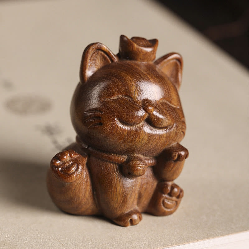 Buddha Stones Mini Green Sandalwood Ingot Lucky Cat Carved Peace Desk Decorations - image 2