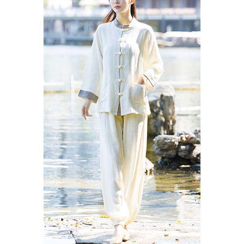 Buddha Stones Frog-Button Meditation Prayer Spiritual Zen Practice Tai Chi Uniform Clothing Women's Set