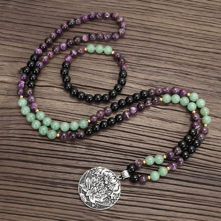 Buddha Stones 108 Mala Beads Amethyst Green Aventurine Lotus Meditation Bracelet - image 13