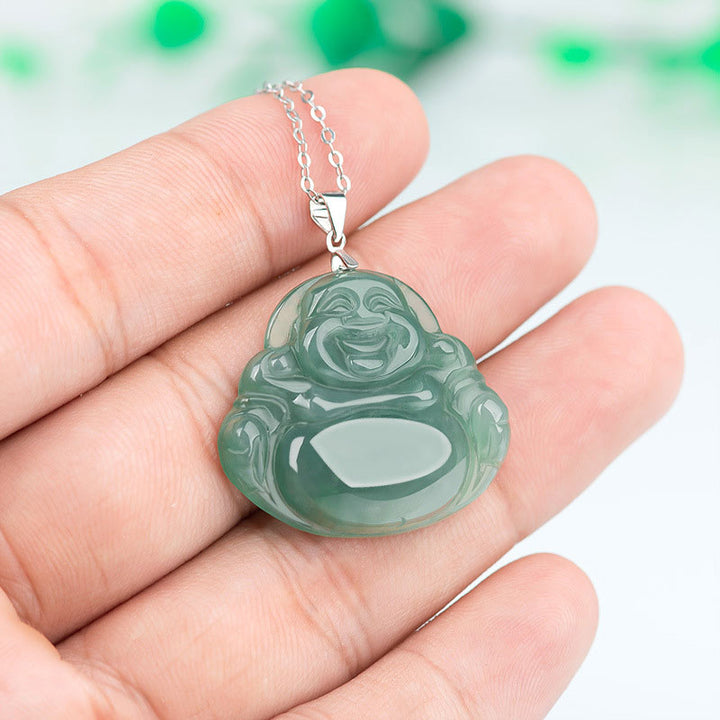 Buddha Stones 925 Sterling Silver Laughing Buddha Jade Protection Calm Necklace Chain Pendant - image 4