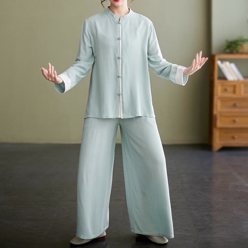 Buddha Stones 2Pcs Tang Suit Long Sleeve Shirt Top Pants Meditation Zen Tai Chi Cotton Linen Clothing Women's Set