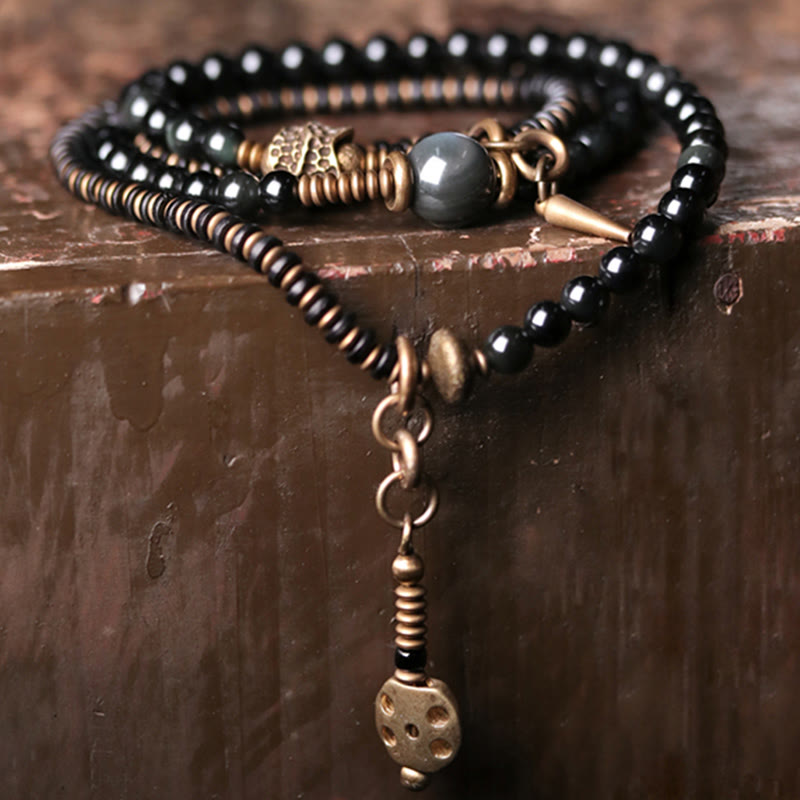 Buddha Stones Rainbow Obsidian Ebony Wood Copper Positive Multilayer Bracelet