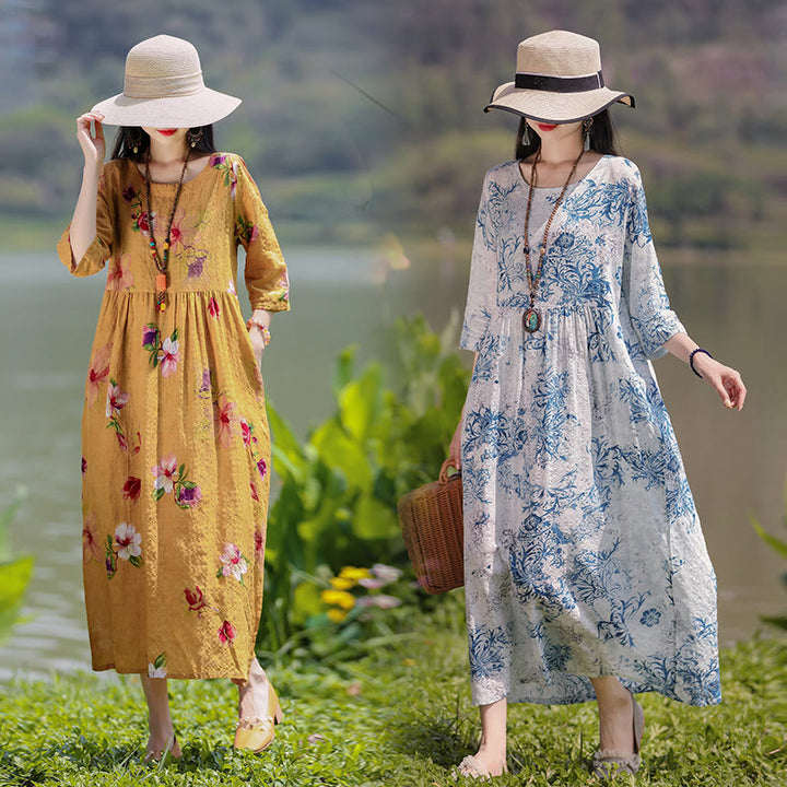 Buddha Stones Flowers Print Midi Dress Cotton Linen Tunic Dress With Pockets