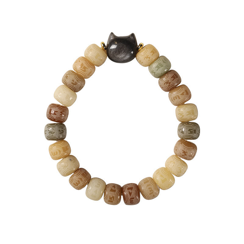 Buddha Stones Bodhi Seed Silver Sheen Obsidian Cat Head Om Mani Padme Hum Engraved Harmony Bracelet - image 7