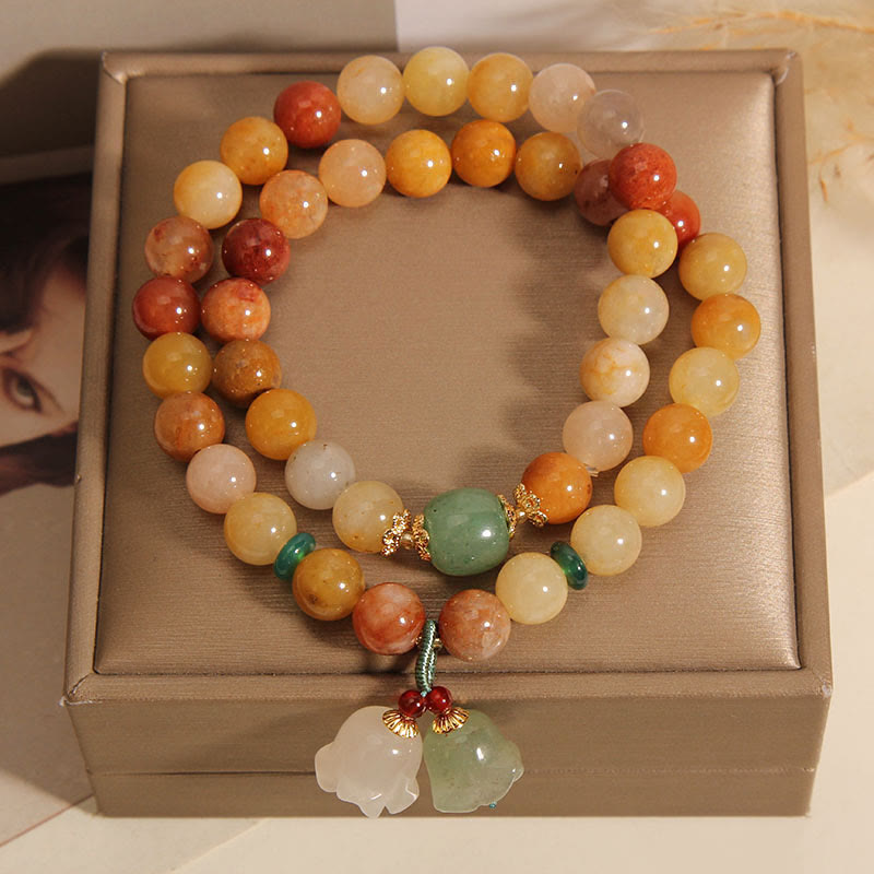 Buddha Stones Tibet Natural Golden Silk Jade Double Layer Bell Orchid Luck Bracelet