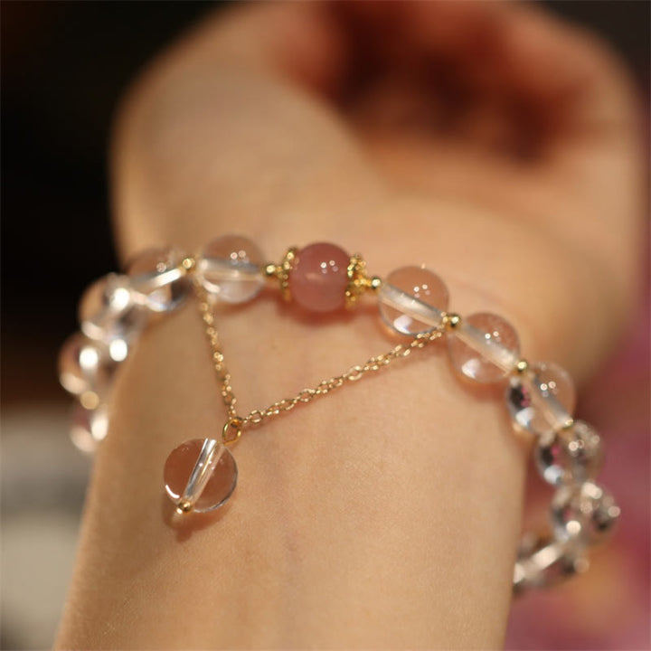 Natural Silver Sheen Obsidian Pink Crystal White Crystal Protection Yin Yang Color Couple Bracelet - 8mm White Crystal&Pink Crystal - image 3