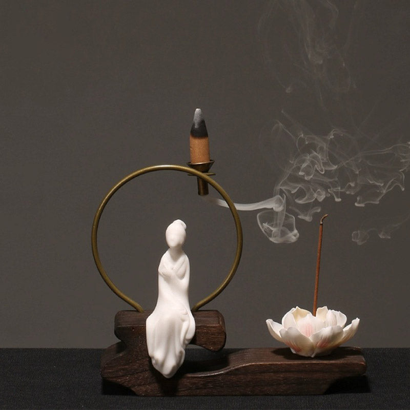 Buddha Stones Ceramic Lotus Healing Meditation Incense Burner Decoration - White Book - image 6
