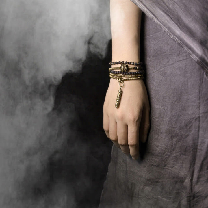 Buddha Stones Vintage Lava Rock Brass Copper Healing Multilayered Bracelet - image 8