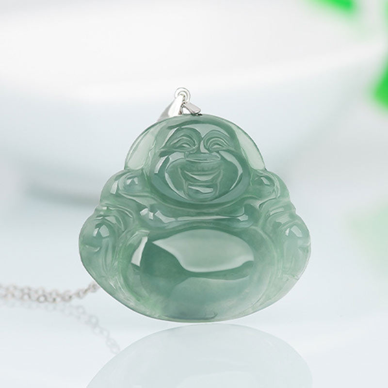 Buddha Stones 925 Sterling Silver Laughing Buddha Jade Protection Calm Necklace Chain Pendant - image 3
