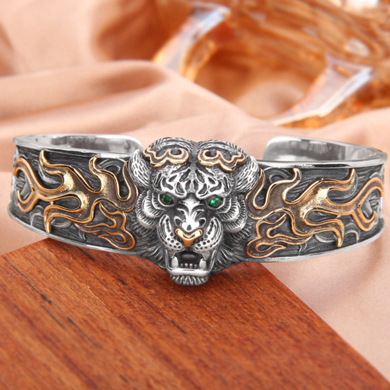 Buddha Stones 925 Sterling Silver Chinese Zodiac Tiger Keep Away Evil Spirits Bracelet Bangle - image 2