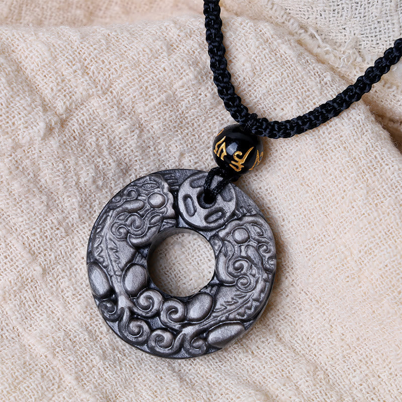 Buddha Stones Natural Silver Sheen Obsidian Double PiXiu Copper Coin Peace Buckle Protection Necklace Pendant - image 2