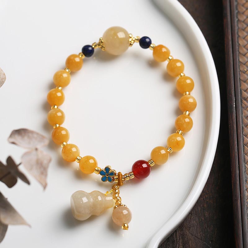 Buddha Stones Natural Golden Silk Jade Gourd Charm Wealth Luck Bracelet