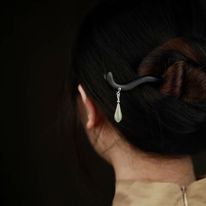 Buddha Stones 925 Sterling Silver Natural Hetian Jade Ebony Wood Luck Charm Hairpin - image 3
