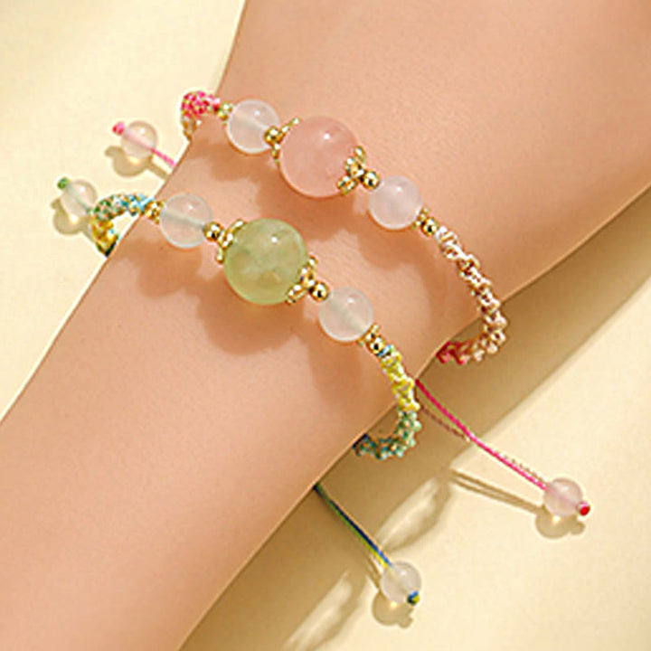 Buddha Stones Strawberry Quartz Pink Crystal Prehnite White Agate Bead Healing Rope Bracelet