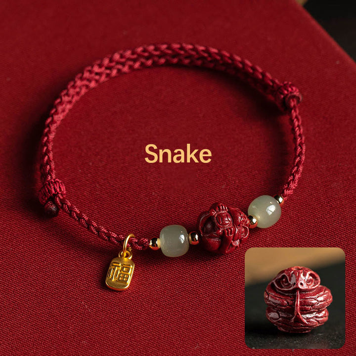 Buddha Stones Natural Cinnabar Chinese Zodiac Hetian Jade Fu Character Luck Rope Bracelet