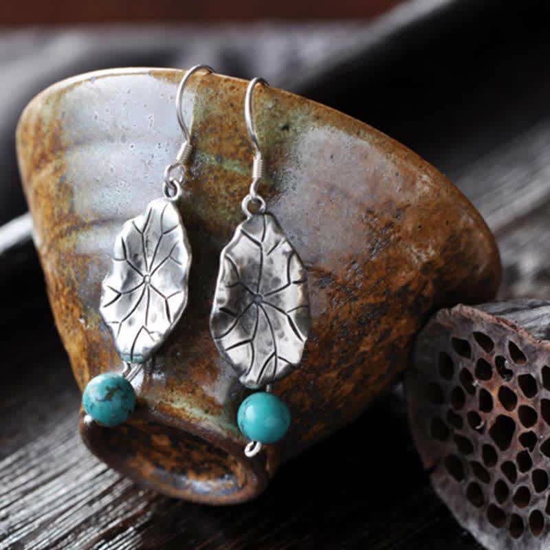 925 Sterling Silver Turquoise Lotus Leaf Protection Drop Dangle Earrings - image 6