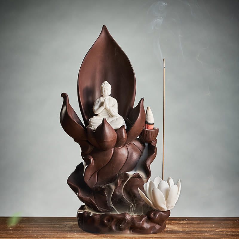 Buddha Stones Lotus Buddha Avalokitesvara Enlightenment Purple Clay Incense Burner Decoration - image 2