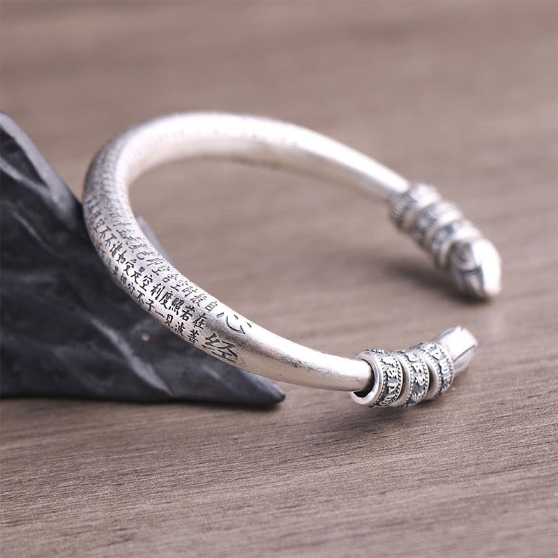 Buddha Stones 999 Sterling Silver Heart Sutra Om Mani Padme Hum Engraved Peace Purity Bracelet Bangle - image 4