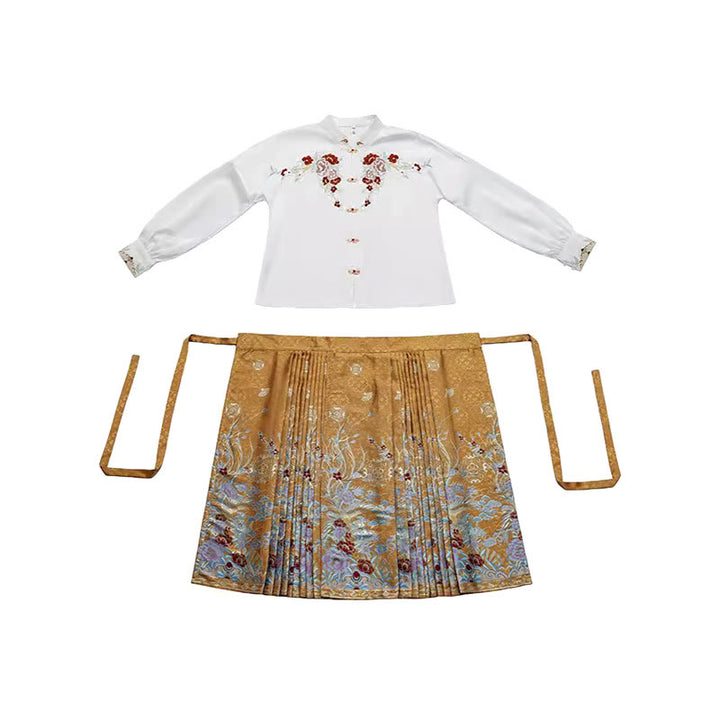 Buddha Stones Golden Flower Phoenix Embroidery Long Sleeve Shirt Top Chinese Hanfu Ming Dynasty Horse Face Skirt Mamianqun Skirt