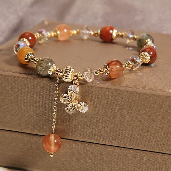 Buddha Stones Natural Fu Lu Shou Rainbow Crystal Rutilated Quartz Wealth Butterfly Charm Bracelet