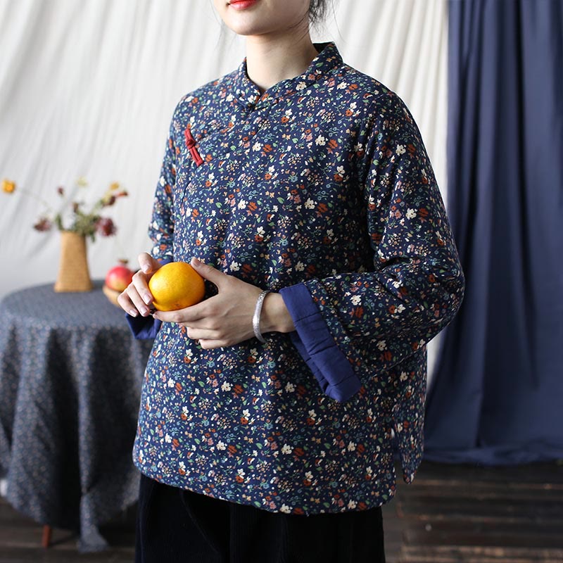 Buddha Stones Flowers Cotton Linen Jacket Shirt Chinese Northeast Style Winter Clothing